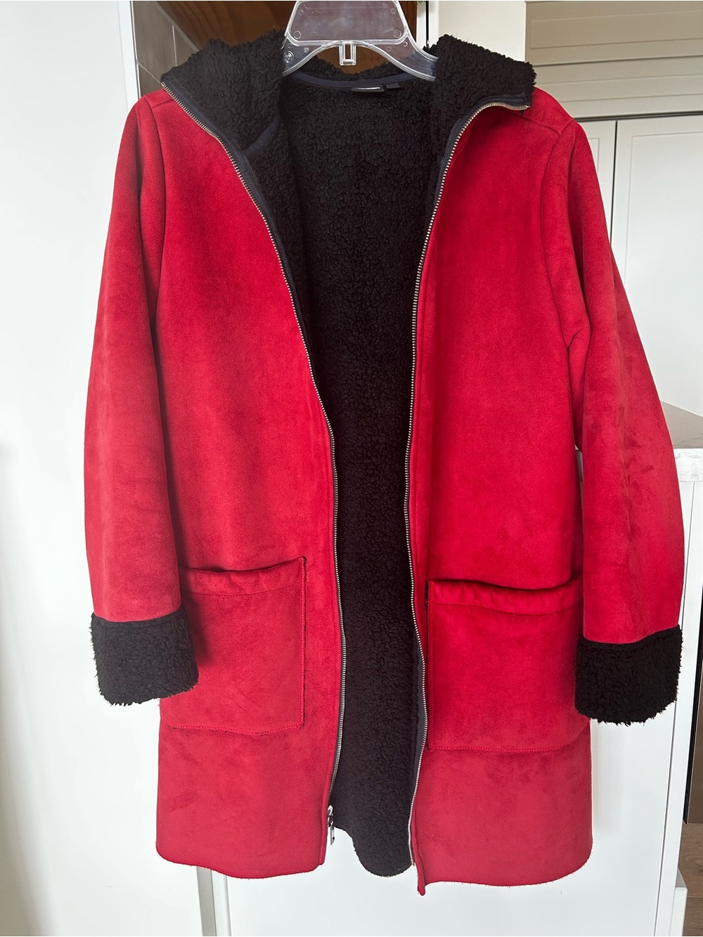 NILS Red Faux Suede Trench Coat with Black Sherpa Lining